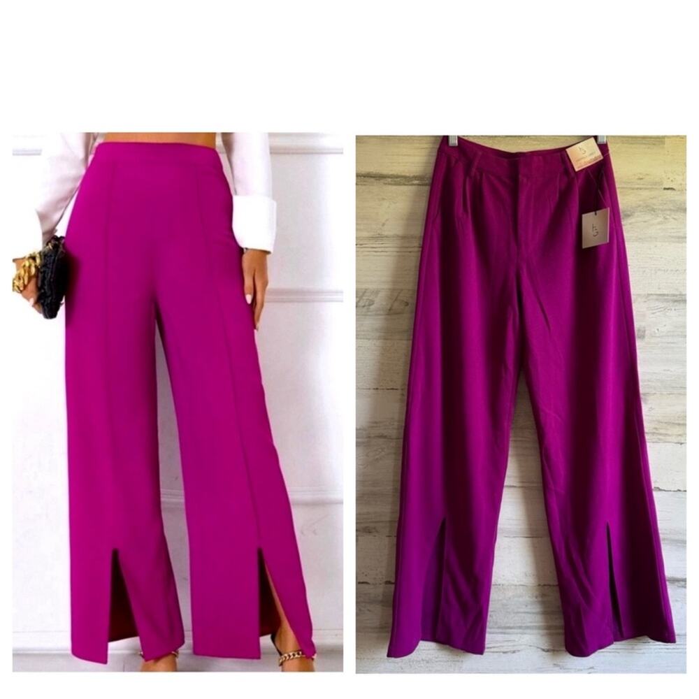 NWT Happily Grey Wide Leg Trouser Pants Full Length High Waisted Front Slit XS‎